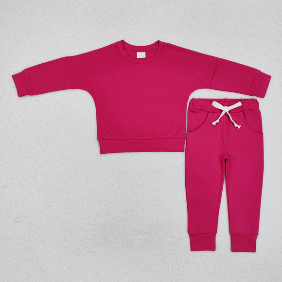 Solid Hot Pink Girls Long Sleeve+Trousers Sets