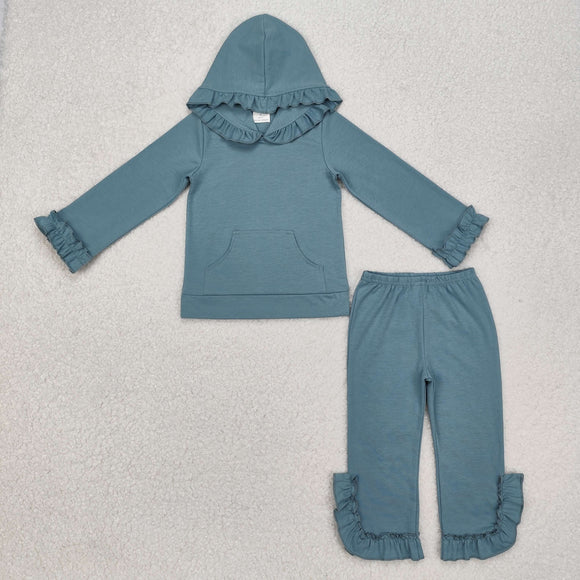 Solid Dusty Blue Ruffles Girls Fall Hoodie Sets