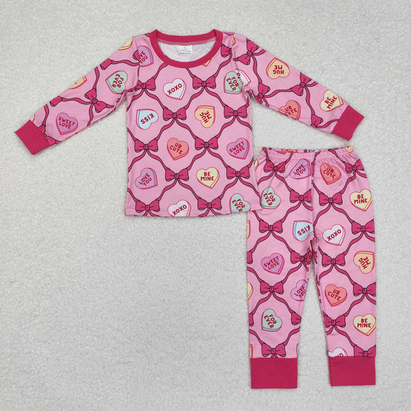 Letters Bow Pattern Heart Girls Valentines Pajamas