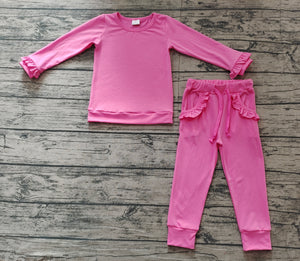 Pre-sale Solid Hot Pink Ruffles Girls Long Sleeve+Trousers Sets