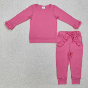 Solid Hot Pink Ruffles Girls Long Sleeve+Trousers Sets