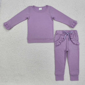 Solid Purple Ruffles Girls Long Sleeve+Trousers Sets