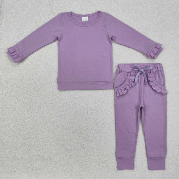 Solid Purple Ruffles Girls Long Sleeve+Trousers Sets