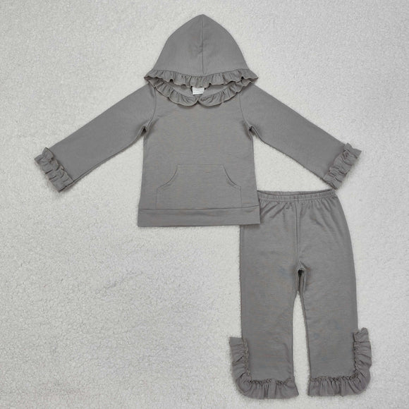 Solid Gray Ruffles Girls Fall Hoodie Sets