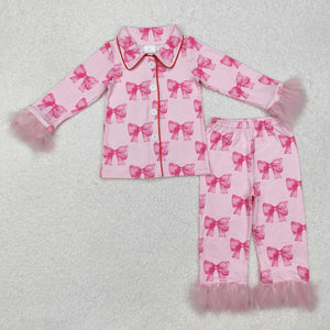 Bow Pattern Pink Furry Decoration Girls Valentine Pajamas