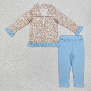 Floral Blue Ruffles Girls Long Sleeve+Trousers Sets