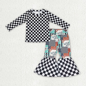 Black White Plaid Wild West Girls Long Sleeve+Trousers Sets