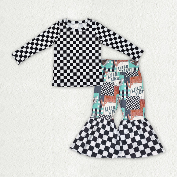 Black White Plaid Wild West Girls Long Sleeve+Trousers Sets