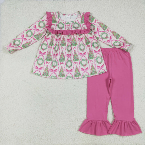 Tree Hot Pink Bow Pattern Ruffles Girls Christmas Outfits
