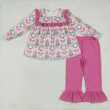 Tree Hot Pink Bow Pattern Ruffles Girls Christmas Outfits