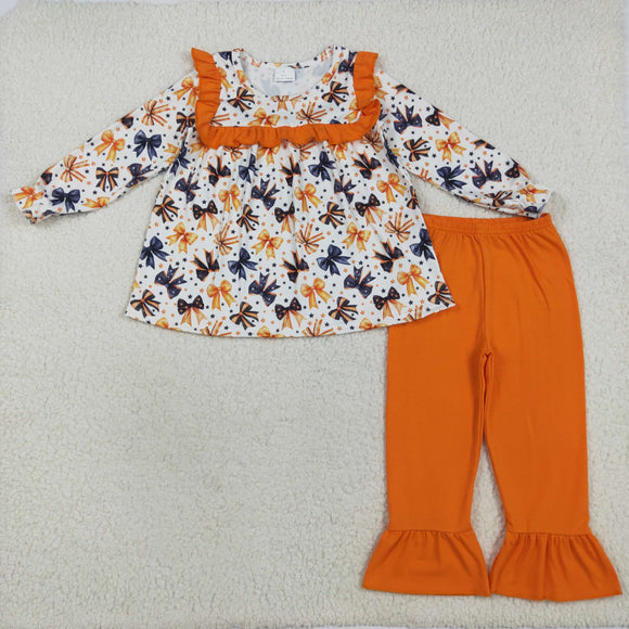 Bow Pattern Orange Ruffles Girls Halloween Outfits