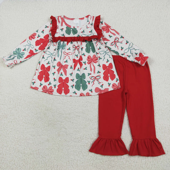 Bow Pattern Red Ruffles Girls Christmas Outfits
