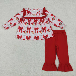 Santa Bow Pattern Red Ruffles Pink Girls Christmas Outfits