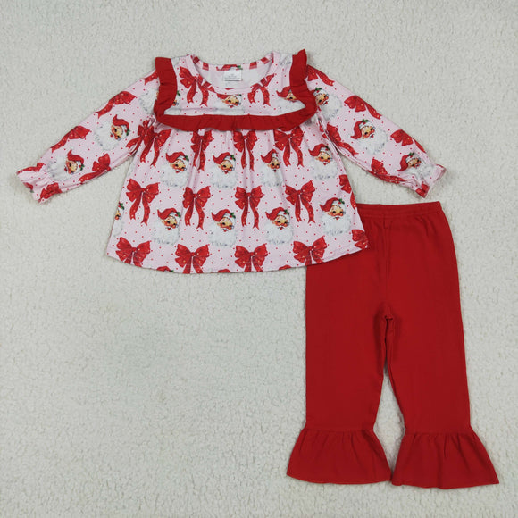 Santa Bow Pattern Red Ruffles Pink Girls Christmas Outfits