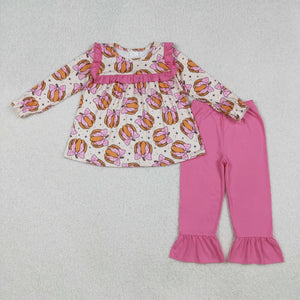 Bow Pattern Pumpkin Pink Ruffles Girls Long Sleeve+Trousers Sets