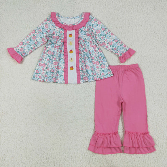 Pumpkin Turkey Pink Ruffles Floral Girls Thanksgiving Outfits