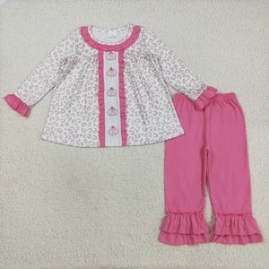 Pumpkin Bow Pattern Leopard Print Ruffles Girls Long Sleeve+Trousers Sets