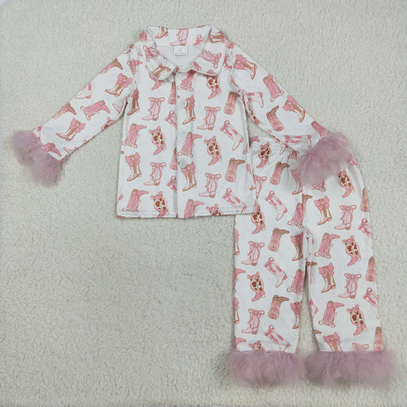 Boots Pink Furry Decoration White Girls Long Sleeve Pajamas