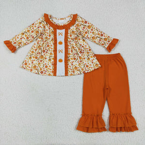 Pumpkin Bow Pattern Floral Orange Ruffles Girls Long Sleeve+Trousers Sets