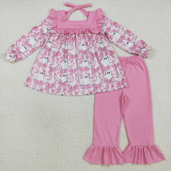 Ghost Bow Pattern Pink Ruffles Girls Halloween Outfits