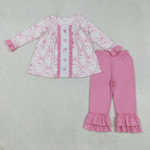 Santa Bow Pattern Pink Ruffles Girls Christmas Outfits
