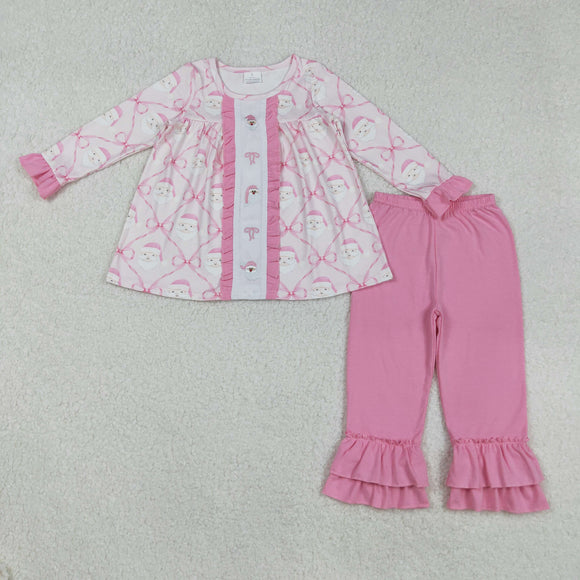 Santa Bow Pattern Pink Ruffles Girls Christmas Outfits