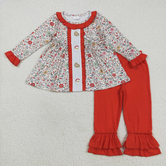 Cookie Santa Floral Red Ruffles Girls Christmas Outfits