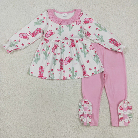 Cactus Hats Boots Pink Ruffles Girls Long Sleeve+Trousers Sets