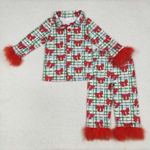 Pink Green Plaid Bow Pattern Red Furry Decoration Girls Christmas Pajamas