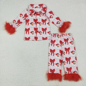 Santa Bow Pattern Pink Red Furry Decoration Girls Christmas Pajamas