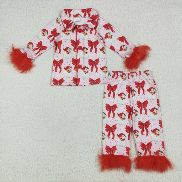 Santa Bow Pattern Pink Red Furry Decoration Girls Christmas Pajamas