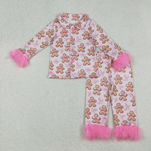 Gingerbread Bow Pattern Pink Furry Decoration Green Girls Christmas Pajamas