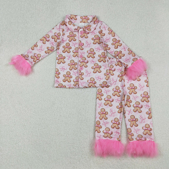 Gingerbread Bow Pattern Pink Furry Decoration Green Girls Christmas Pajamas
