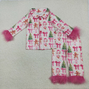 Gingerbread Bow Pattern Hot Pink Furry Decoration Girls Christmas Pajamas