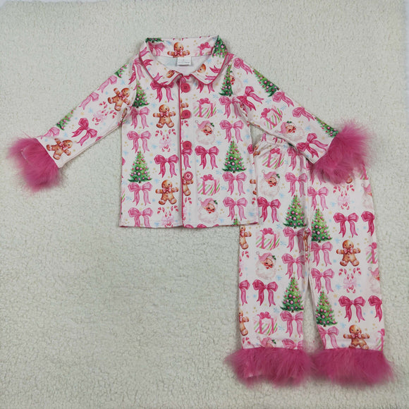 Gingerbread Bow Pattern Hot Pink Furry Decoration Girls Christmas Pajamas