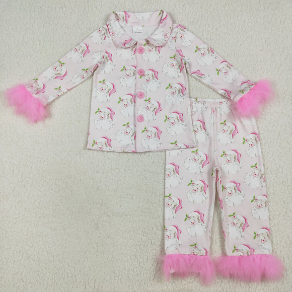 Santa Pink Furry Decoration Girls Christmas Pajamas