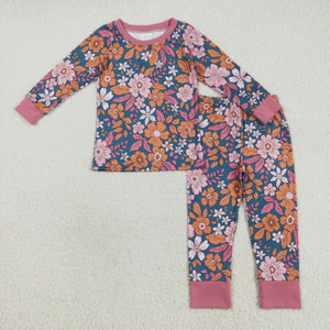 Pink Orange Floral Blue Girls Long Sleeve Pajamas