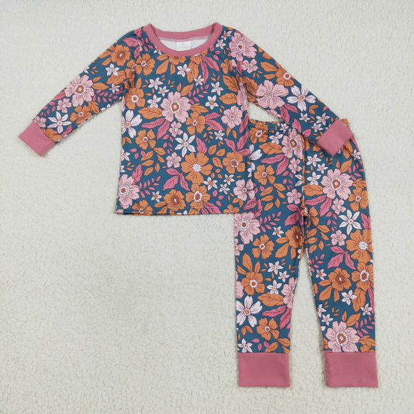 Pink Orange Floral Blue Girls Long Sleeve Pajamas