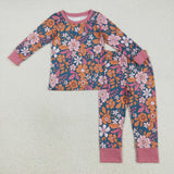 Pink Orange Floral Blue Girls Long Sleeve Pajamas