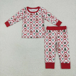 Santa Bow Pattern Plaid Girls Christmas Pajamas