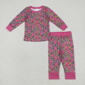 Lightning Leopard Print Hot Pink Girls Long Sleeve Pajamas