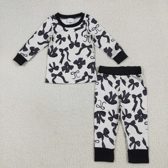 Black Bow Pattern White Girls Long Sleeve Pajamas