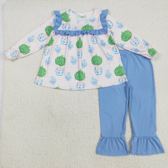 Plant Vase Bow Pattern Blue Ruffles Pink Plaid Girls Long Sleeve+Trousers Sets