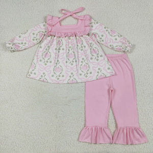 Pumpkin Bow Pattern Pink Ruffles Girls Long Sleeve+Trousers Sets