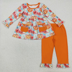 Pumpkin Floral Pockets Orange Girls Long Sleeve+Trousers Sets