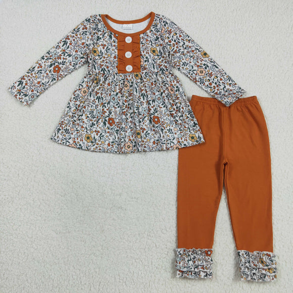 Floral Brown Ruffles Girls Long Sleeve+Trousers Sets
