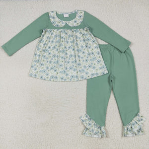 Floral Doll Collar Green Girls Long Sleeve+Trousers Sets