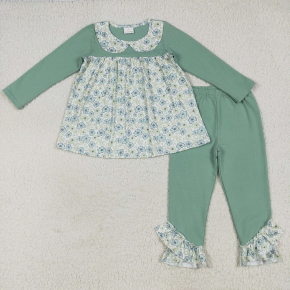 Floral Doll Collar Green Girls Long Sleeve+Trousers Sets