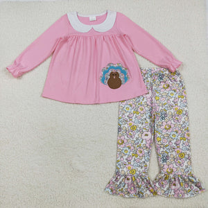 Floral Turkey Pink Girls Thanksgiving Outfits