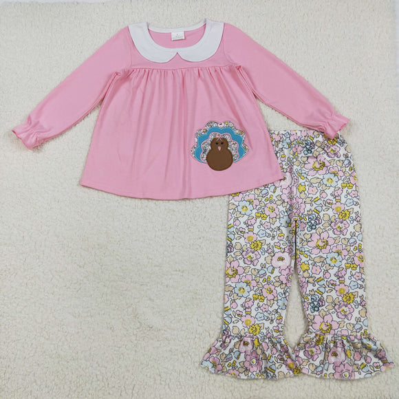 Floral Turkey Pink Girls Thanksgiving Outfits